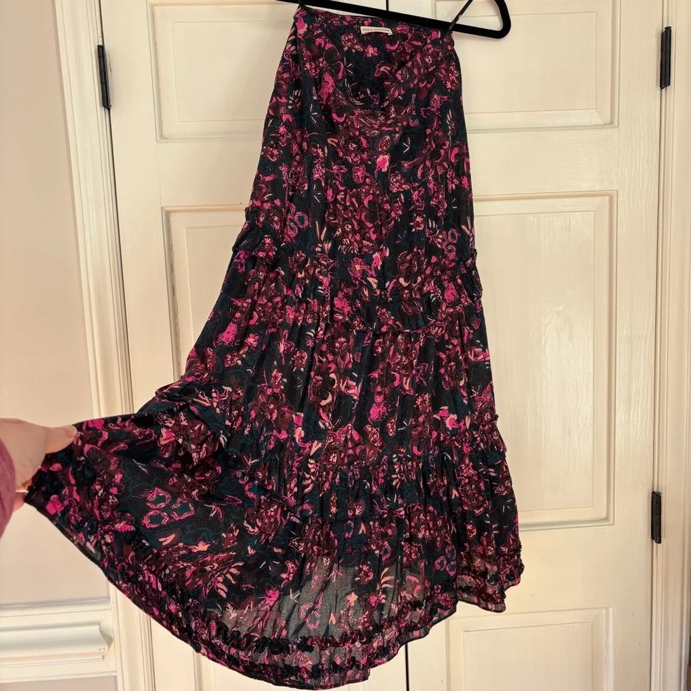 ULLA JOHNSON Amalia Midnight Floral Midi Skirt Tiered Ruffle Pink Navy Size‎ 2